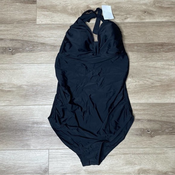 Kimi + Kai Women's Solid Black Tie Back Halter Neck One Piece Swimsuit sz M - Picture 2 of 5